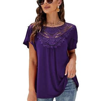 Women’s Lace-Neck Pleated Short Sleeve Top, Boho Flower Bud T-Shirt for Beach Vacation