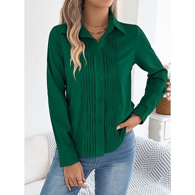 Women's Casual Polo V Neck Long Sleeve Blouse Button Down Pleated Front Office Business Shirt