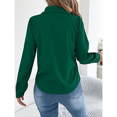 Women's Casual Polo V Neck Long Sleeve Blouse Button Down Pleated Front Office Business Shirt