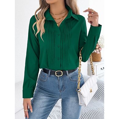 Women's Casual Polo V Neck Long Sleeve Blouse Button Down Pleated Front Office Business Shirt