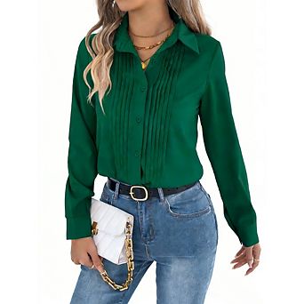 Women's Casual Polo V Neck Long Sleeve Blouse Button Down Pleated Front Office Business Shirt