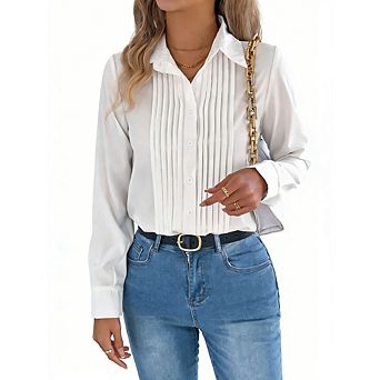 Women's Casual Polo V Neck Long Sleeve Blouse Button Down Pleated Front Office Business Shirt