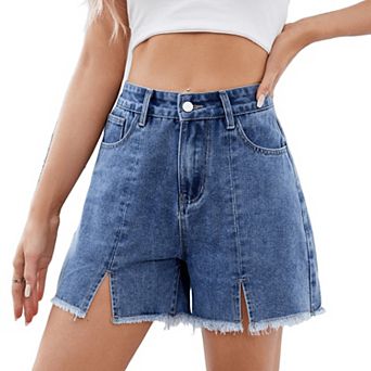 Women Jean Stretch Wide Leg Denim Shorts with Slit Hem