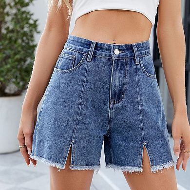 Women Jean Stretch Wide Leg Denim Shorts with Slit Hem