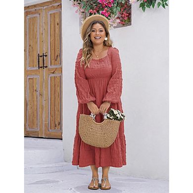 Women Plus Size Casual Long Sleeve Smocked Ruffle Flowy Elegant Midi Dress