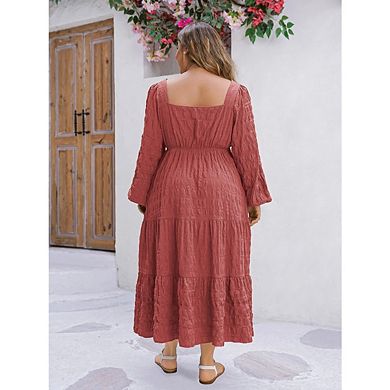 Women Plus Size Casual Long Sleeve Smocked Ruffle Flowy Elegant Midi Dress