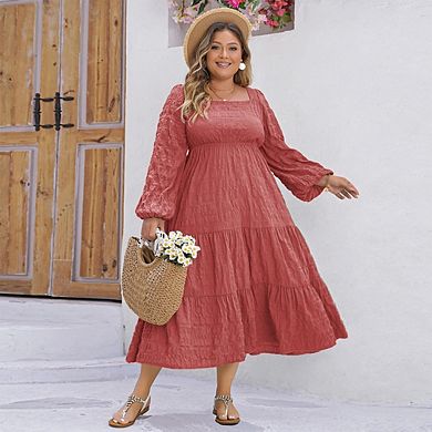 Women Plus Size Casual Long Sleeve Smocked Ruffle Flowy Elegant Midi Dress