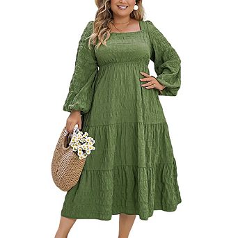 Women Plus Size Casual Long Sleeve Smocked Ruffle Flowy Elegant Midi Dress