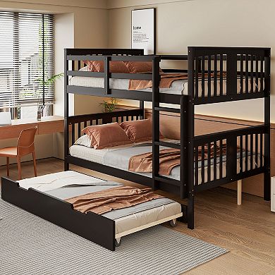 Pnronnc Full over Full Bunk Bed with Twin Size Trundle Bed and Ladder, Convertible 2 Platform Bed