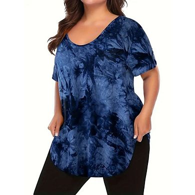 Womens Casual Loose Basic T-Shirts Plus Size Short Sleeve Swing Tunic with Pocket