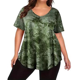 Womens Casual Loose Basic T-Shirts Plus Size Short Sleeve Swing Tunic with Pocket