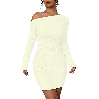 Women's Elegant Dresses Long Sleeve Mini Dress Ruched Bodycon Tight Off Shoulder Dress