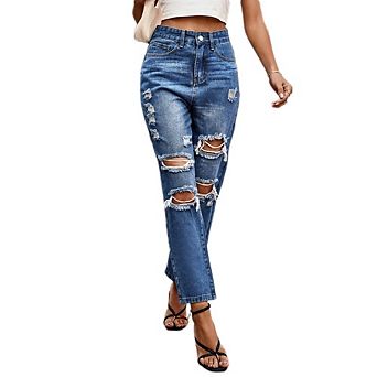 Womens High Waiste Jeans Work Denim Pants Ripped Straight Causal Cropped Distressed Pants