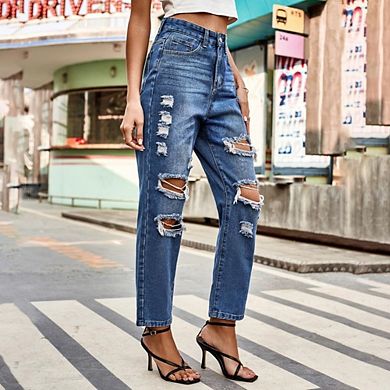 Womens High Waiste Jeans Work Denim Pants Ripped Straight Causal Cropped Distressed Pants
