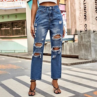 Womens High Waiste Jeans Work Denim Pants Ripped Straight Causal Cropped Distressed Pants