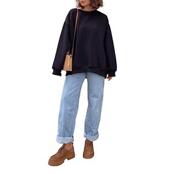 Women Oversized Solid Sweatshirt Crewneck Casual Top