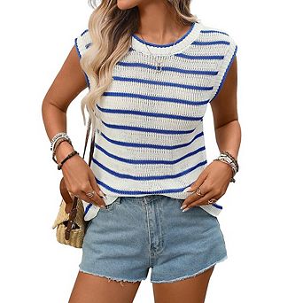 Women Cap Sleeve Sweater Vest Crew Neck Sleeveless Knit Top