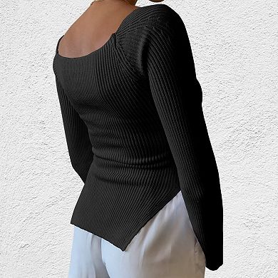 Women Knit Top Square Neck Long Sleeve Slim Fitted Pullover Sweater