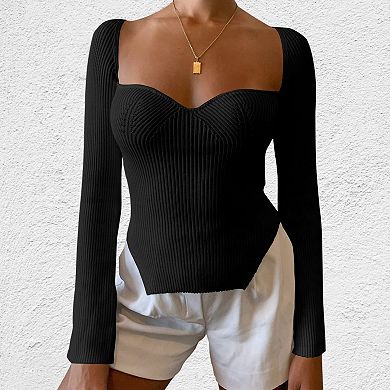Women Knit Top Square Neck Long Sleeve Slim Fitted Pullover Sweater