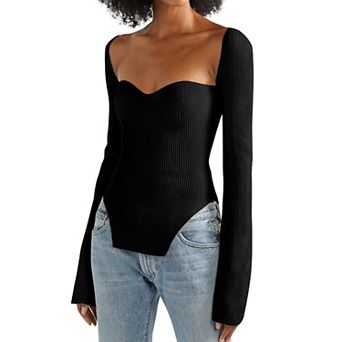 Women Knit Top Square Neck Long Sleeve Slim Fitted Pullover Sweater
