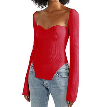 Women Knit Top Square Neck Long Sleeve Slim Fitted Pullover Sweater