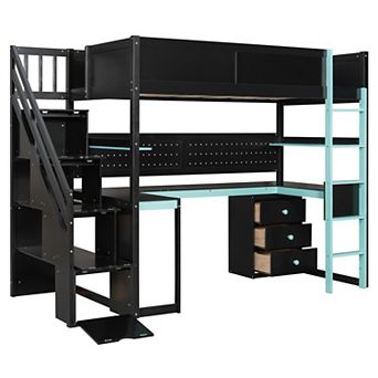 Pnronnc Gaming Bed Twin Size Wooden Loft Bed with Storage Stairs, Desk, Shelves and Pegboard