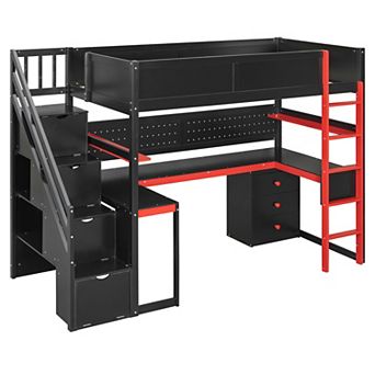 Pnronnc Gaming Bed Twin Size Wooden Loft Bed with Storage Stairs, Desk, Shelves and Pegboard