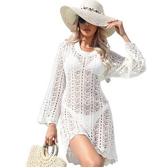 Women Long Sleeve Swimsuit Cover Up Summer Beach Vacation Clothes Crochet Knit Swimwear Mini Dress