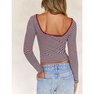 Y2K Backless Long Sleeve Crop Top Striped Boat Neck Going-Out Shirt Blouse