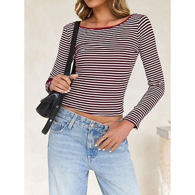 Y2K Backless Long Sleeve Crop Top Striped Boat Neck Going-Out Shirt Blouse