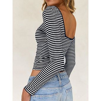 Y2K Backless Long Sleeve Crop Top Striped Boat Neck Going-Out Shirt Blouse