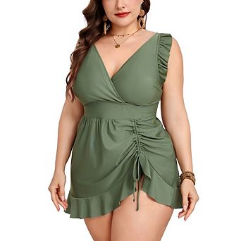 Women's Plus Size One Piece Swimsuits Ruffled Sleeeveless Swim Dress Drawstring Waist Swimwear