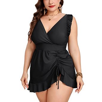 Women's Plus Size One Piece Swimsuits Ruffled Sleeeveless Swim Dress Drawstring Waist Swimwear