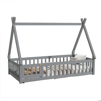 Pnronnc Tent-shaped Bed Kids Teepee House Bed Montessori Toddler Floor Bed with or without Door