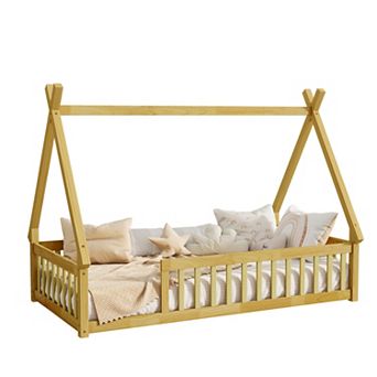 Pnronnc Tent-shaped Bed Kids Teepee House Bed Montessori Toddler Floor Bed with or without Door