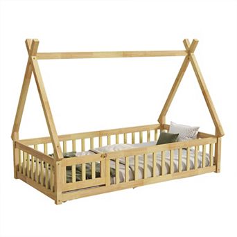 Pnronnc Tent-shaped Bed Kids Teepee House Bed Montessori Toddler Floor Bed with or without Door