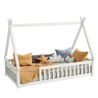 Pnronnc Tent-shaped Bed Kids Teepee House Bed Montessori Toddler Floor Bed with or without Door
