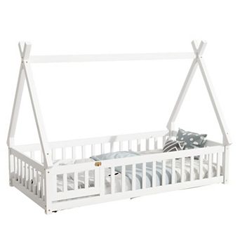 Pnronnc Tent-shaped Bed Kids Teepee House Bed Montessori Toddler Floor Bed with or without Door