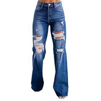 Women's High Rise Wide Leg Jeans Raw Hem Distressed Pants Casual Beach Trips Weekend Getaways