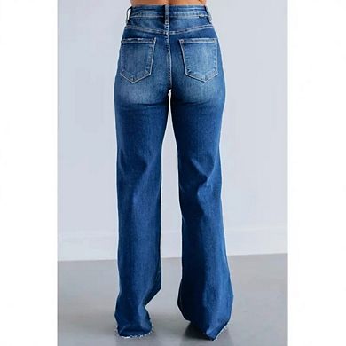 Women's High Rise Wide Leg Jeans Raw Hem Distressed Pants Casual Beach Trips Weekend Getaways