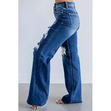 Women's High Rise Wide Leg Jeans Raw Hem Distressed Pants Casual Beach Trips Weekend Getaways