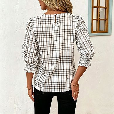 Women's Casual Mock Neck Short Puff Sleeve Printed Pleated Blouse