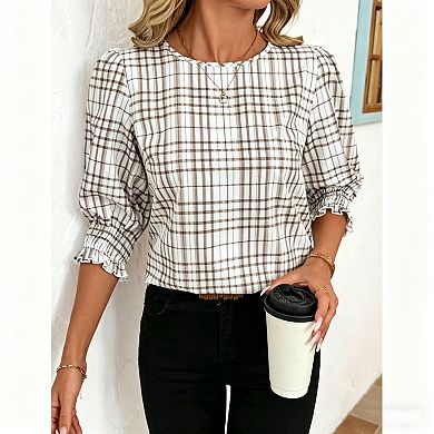 Women's Casual Mock Neck Short Puff Sleeve Printed Pleated Blouse