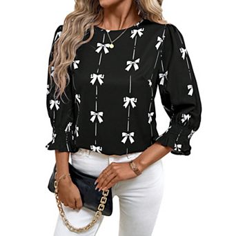 Women's Casual Mock Neck Short Puff Sleeve Printed Pleated Blouse