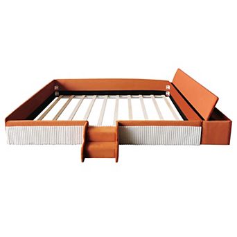 Pnronnc Velvet Upholstered Floor Daybed with Stairs and Gas Lift Storage Ottoman, Padded Guardrails