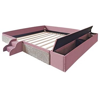 Pnronnc Velvet Upholstered Floor Daybed with Stairs and Gas Lift Storage Ottoman, Padded Guardrails