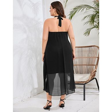 Women's Plus Size Formal Flowy Backless Clothes Halter Neck Tie Sleeveless Chiffon Sequin Dress