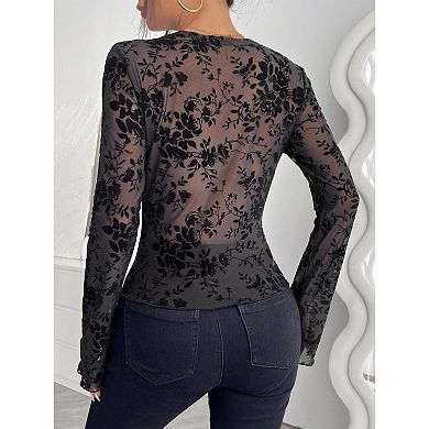 Women Lace V Neck Top Floral Long Sleeve Slim Fitted Blouse