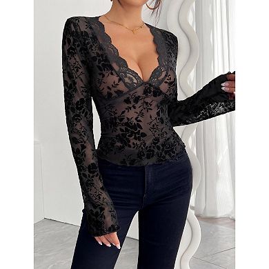 Women Lace V Neck Top Floral Long Sleeve Slim Fitted Blouse