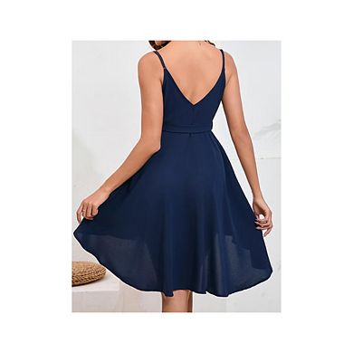 Womens V Neck Dress Spaghetti Strap Sleeveless Wrap Ruffle Hem Dress